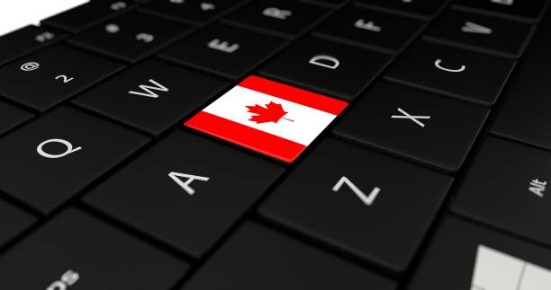 3D rendering close up of Canada flag button on laptop keyboard.